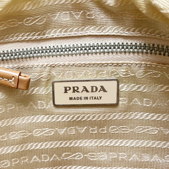 Prada white nylon camel brown leather embossed logo shoulder hobo bag - Picture 12 of 15